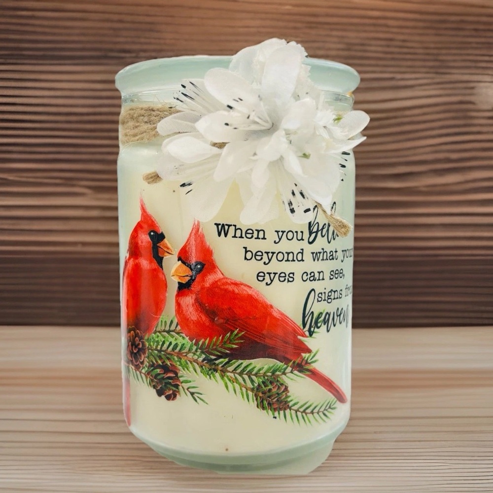 Nature-Inspired Candle Jar with Red Cardinals and White Flower